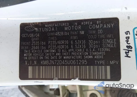 2005 Hyundai Tucson Gls/Lx z USA, uszkodzony, nr VIN KM8JN72D45U061295